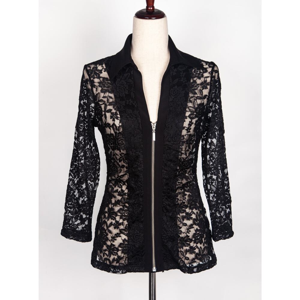 Women's Black Lace Jacket Size M Floral Lace with Full Zipper NWT